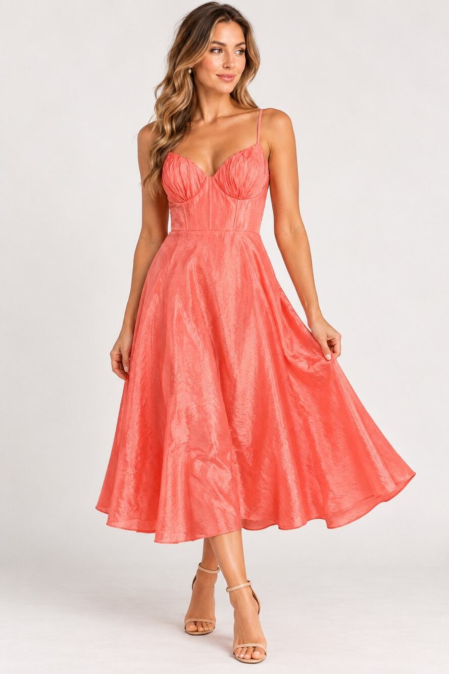 NWT Maniju Coral Satin Tea Length Dress S Ruched Bustier Midi Formal Cocktail